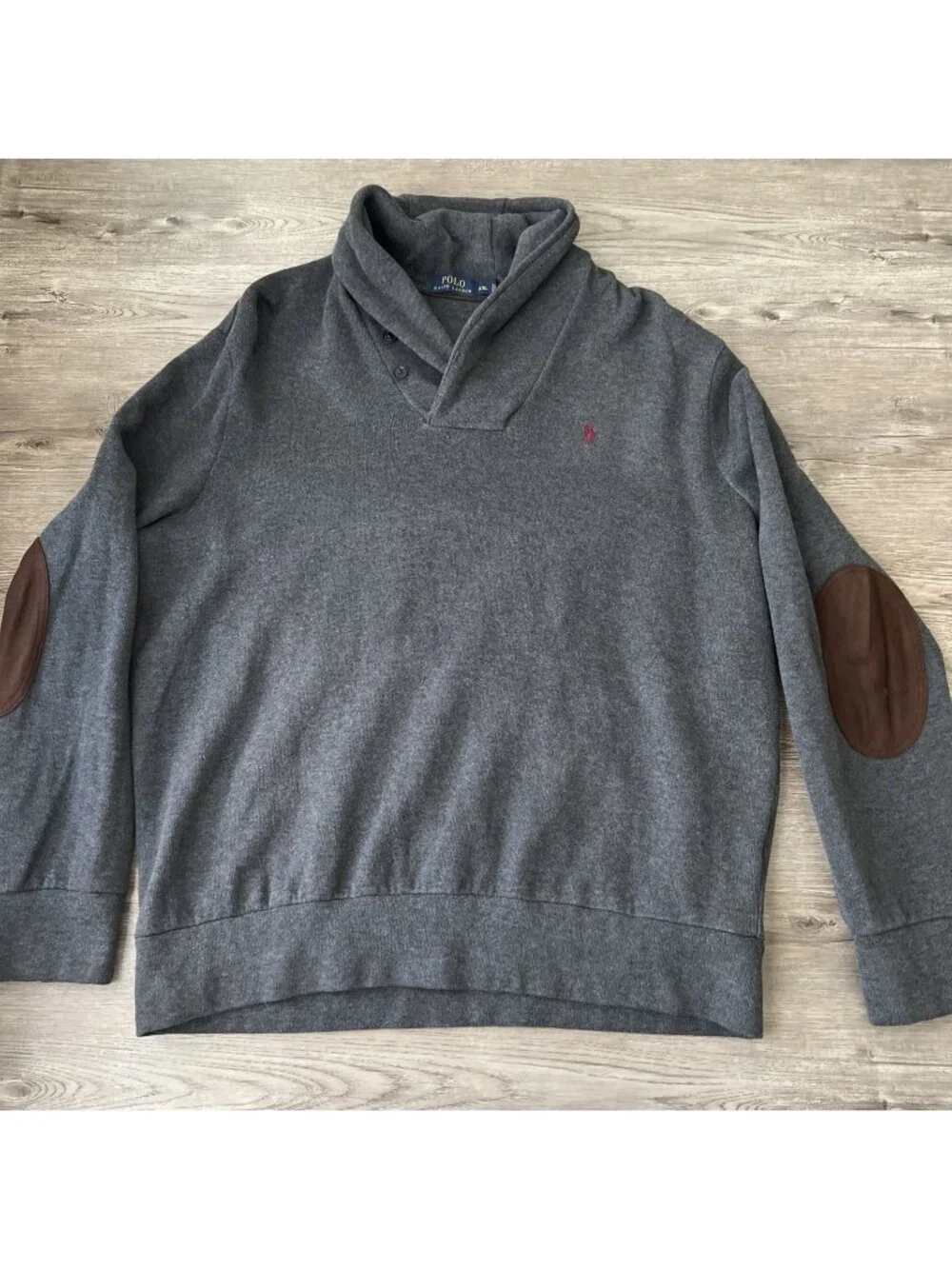 Polo Ralph Lauren Shawl Collar Pullover Mens XXL Gray Suede Elbow Patches Cotton